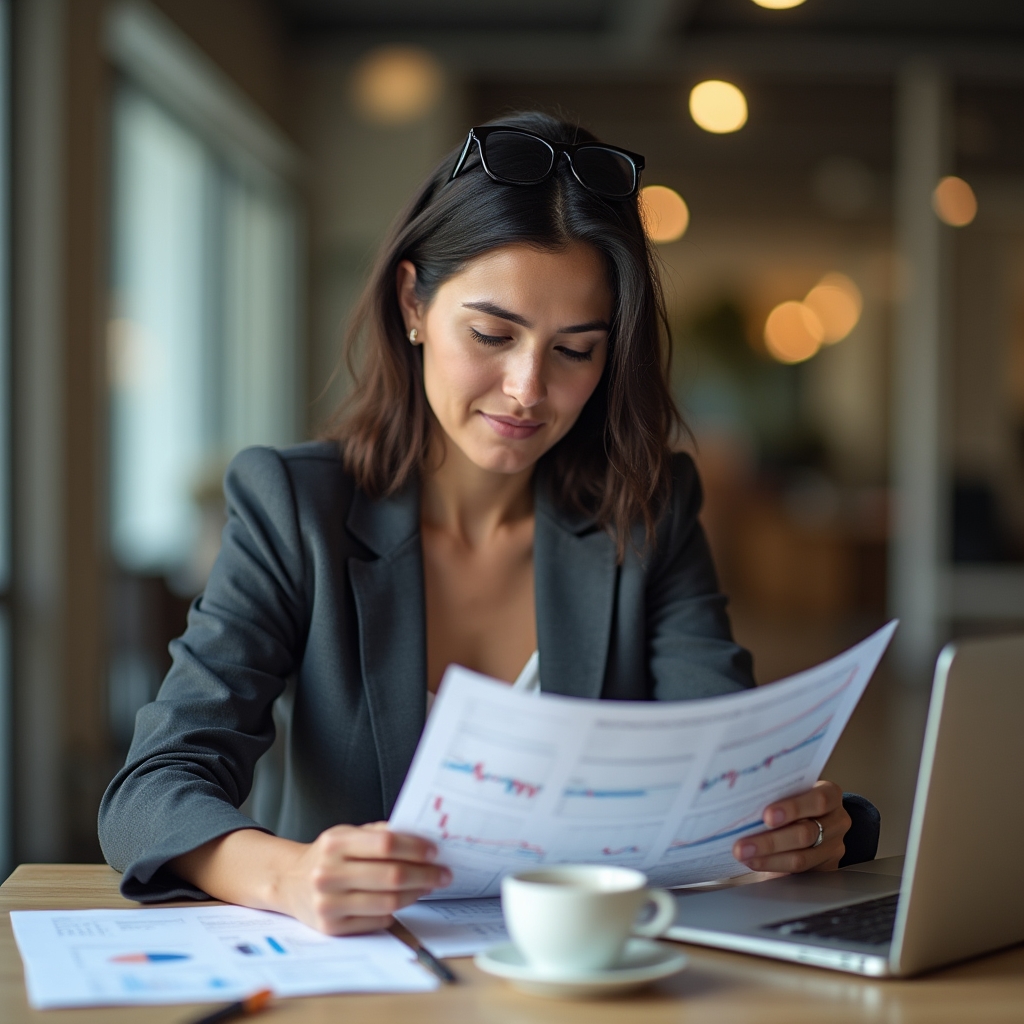 Person reviewing mortgage documents and financial charts at a desk