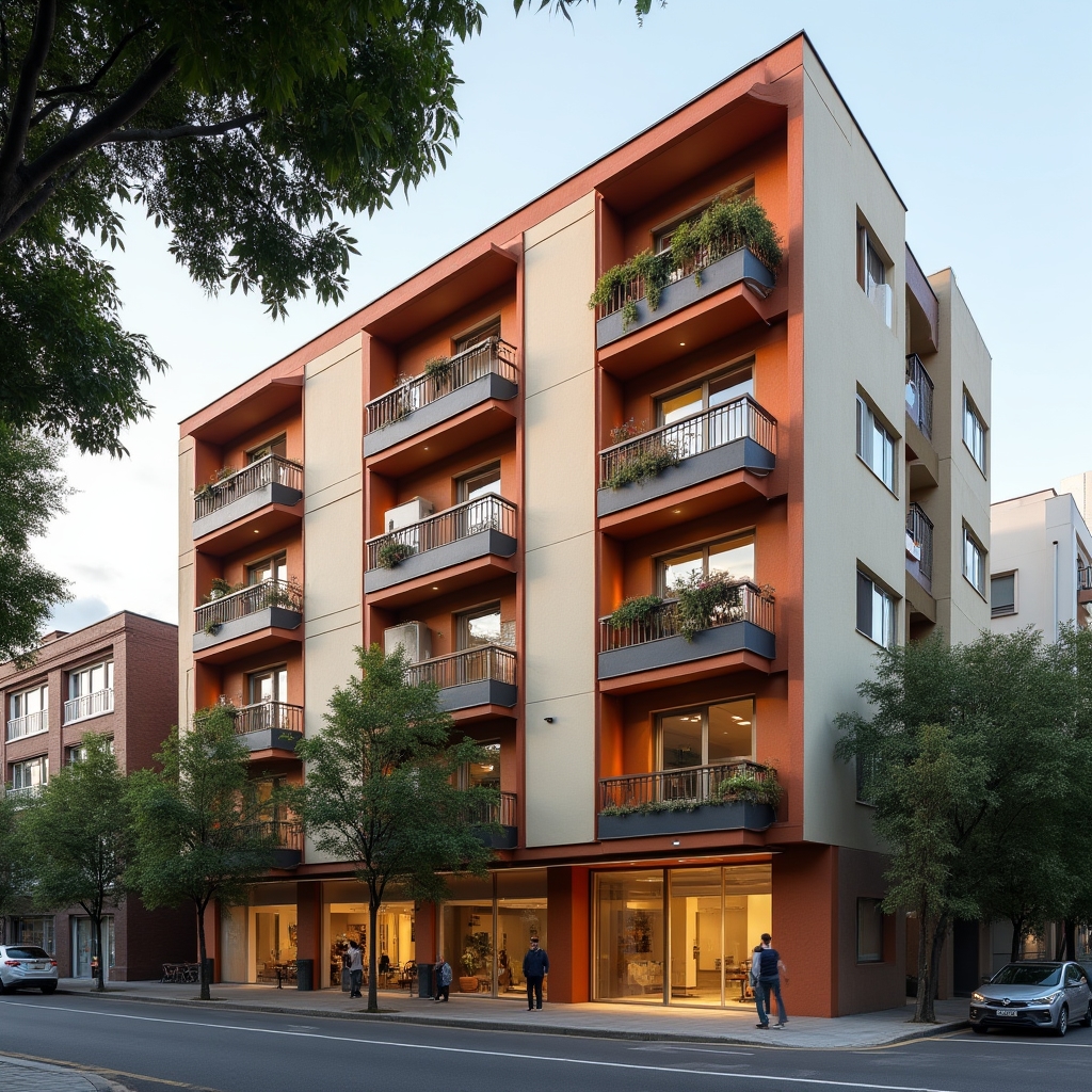 Apartment building facade with balconies in a Chilean urban neighborhood